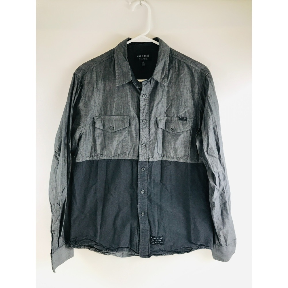 Marc Ecko Shirt Men's Size Medium Gray Black Button Up Cut & Sew Pocket Flaps